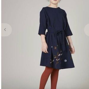 Caramel Navy Dress with Floral Accents